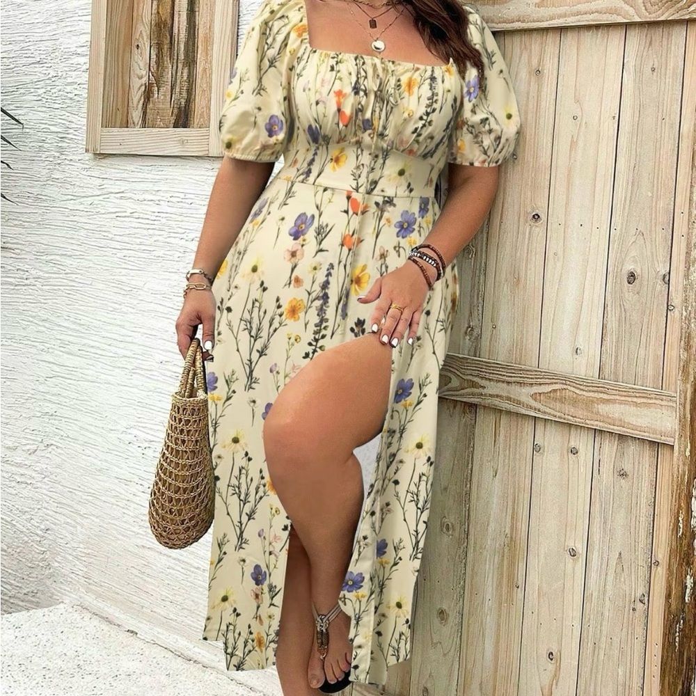 1XL Floral Puff Sleeve Maxi Dress